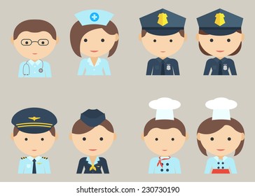 Flat icons professions. Set of male and female characters. Vector