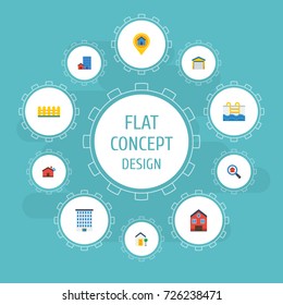 Flat Icons Property, Swimming, Buildings And Other Vector Elements. Set Of Realestate Flat Icons Symbols Also Includes Warehouse, Hypothec, Basin Objects.