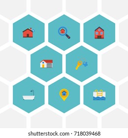 Flat Icons Property, Swimming, Pin And Other Vector Elements. Set Of Property Flat Icons Symbols Also Includes House, Bathtub, Bathroom Objects.