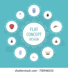 Flat Icons Protection, Firearm, Dynamite And Other Vector Elements. Set Of Game Flat Icons Symbols Also Includes Ring, Viking, Gun Objects.