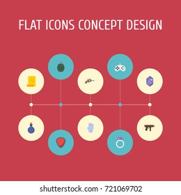 Flat Icons Protection, Revolver, Dynamite And Other Vector Elements. Set Of Gaming Flat Icons Symbols Also Includes Grenade, Mana, Revolver Objects.