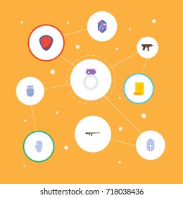 Flat Icons Protection, Warrior, Bulletproof And Other Vector Elements. Set Of Game Flat Icons Symbols Also Includes Assault, Protection, Scrolled Objects.