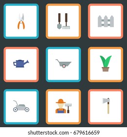 Flat Icons Pruner, Axe, Grower And Other Vector Elements. Set Of Agriculture Flat Icons Symbols Also Includes Instruments, Hatchet, Fruiter Objects.