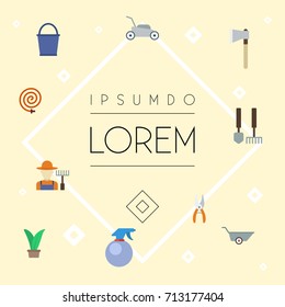 Flat Icons Pruner, Bucket, Lawn Mower And Other Vector Elements. Set Of Agriculture Flat Icons Symbols Also Includes Gardener, Wheelbarrow, Pruner Objects.