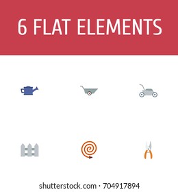 Flat Icons Pruner, Wheelbarrow, Garden Hose And Other Vector Elements. Set Of Horticulture Flat Icons Symbols Also Includes Bailer, Can, Car Objects.