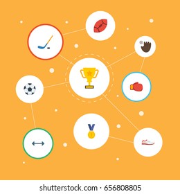 Flat Icons Puck, Kettlebells, American Football And Other Vector Elements. Set Of Sport Flat Icons Symbols Also Includes Weights, Champion, Winner Objects.