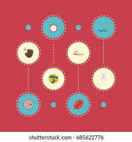 Flat Icons Puck, Volleyball, Uniform And Other Vector Elements. Set Of Fitness Flat Icons Symbols Also Includes Darts, Trekking, Stopwatch Objects.