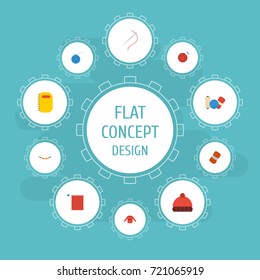 Flat Icons Pullover, Copybook, Needle And Other Vector Elements. Set Of Handcraft Flat Icons Symbols Also Includes Wool, Jewelry, Handmade Objects.