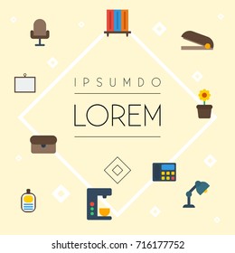 Flat Icons Puncher, Espresso Machine, Desk Light And Other Vector Elements. Set Of Workspace Flat Icons Symbols Also Includes Portfolio, Armchair, Table Objects.