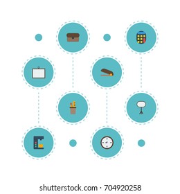 Flat Icons Puncher, Suitcase, Board Stand Vector Elements. Set Of Bureau Flat Icons Symbols Also Includes Ruler, Machine, Watch Objects.