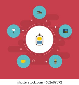 Flat Icons Puncher, Tea, Phone And Other Vector Elements. Set Of Bureau Flat Icons Symbols Also Includes Stand, Badge, Call Objects.