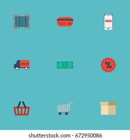 Flat Icons Purchase, Bag, Payment And Other Vector Elements. Set Of Magazine Flat Icons Symbols Also Includes Shopping, Packaging, Trolley Objects.