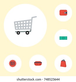 Flat Icons Purse, Pouch, Trolley And Other Vector Elements. Set Of Magazine Flat Icons Symbols Also Includes Advertising, Cash, Credit Objects.