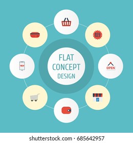 Flat Icons Purse, Purchase, Payment And Other Vector Elements. Set Of Magazine Flat Icons Symbols Also Includes Opening, Mobile, Sale Objects.