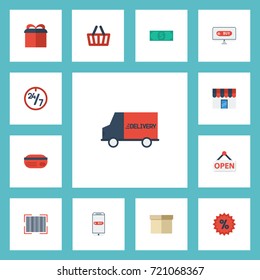 Flat Icons Qr, Shop, Shopping And Other Vector Elements. Set Of Magazine Flat Icons Symbols Also Includes Time, Code, Purchase Objects.