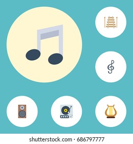 Flat Icons Quaver, Lyre, Audio Box And Other Vector Elements. Set Of Studio Flat Icons Symbols Also Includes Percussion, Lyre, Vinyl Objects.