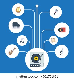 Flat Icons Quaver, Octave Keyboard, Acoustic And Other Vector Elements. Set Of Melody Flat Icons Symbols Also Includes Symbol, Microphone, Piano Objects.