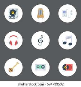 Flat Icons Quaver, Retro Disc, Turntable And Other Vector Elements. Set Of Studio Flat Icons Symbols Also Includes Player, Headset, Musical Objects.