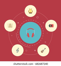 Flat Icons Quaver, Retro Disc, Musical Instrument And Other Vector Elements. Set Of Melody Flat Icons Symbols Also Includes Disc, Guitar, Instrument Objects.