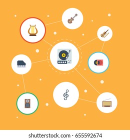Flat Icons Radio, Acoustic, Lyre And Other Vector Elements. Set Of Audio Flat Icons Symbols Also Includes Violin, Speaker, Harp Objects.