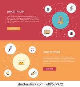 Flat Icons Radio, Lyre, Knob And Other Vector Elements. Set Of Melody Flat Icons Symbols Also Includes Drum, Instrument, Accordion Objects.