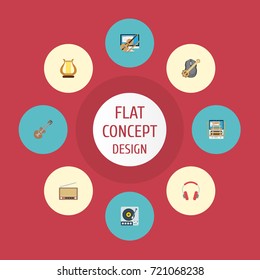 Flat Icons Radio, Turntable, Acoustic And Other Vector Elements. Set Of Audio Flat Icons Symbols Also Includes Fiddle, Vinyl, Fm Objects.