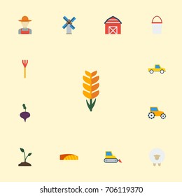 Flat Icons Radish, Storehouse, Grain And Other Vector Elements. Set Of Agricultural Flat Icons Symbols Also Includes Turnip, Bucket, Combine Objects.