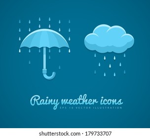 Flache Symbole des Regenwetters mit Wolkenregen und Regenschirm. Eps10 Vektorgrafik