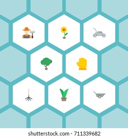 Flat Icons Rake, Flowerpot, Plant And Other Vector Elements. Set Of Gardening Flat Icons Symbols Also Includes Fruit, Wheelbarrow, Plant Objects.