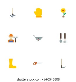 Flat Icons Rake, Flowerpot, Wheelbarrow And Other Vector Elements. Set Of Horticulture Flat Icons Symbols Also Includes Tool, Harrow, Wheelbarrow Objects.