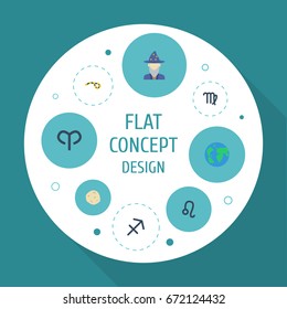 Flat Icons Ram, Comet, Lion And Other Vector Elements. Set Of  Flat Icons Symbols Also Includes Human, Archer, Leo Objects.