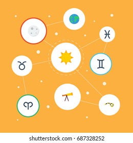 Flat Icons Ram, Lunar, Fishes And Other Vector Elements. Set Of Astronomy Flat Icons Symbols Also Includes Fishes, Sun, Binoculars Objects.