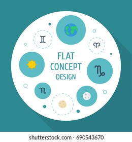 Flat Icons Ram, Twins, Earth Planet And Other Vector Elements. Set Of Astronomy Flat Icons Symbols Also Includes Goat, Horoscope, Satellite Objects.