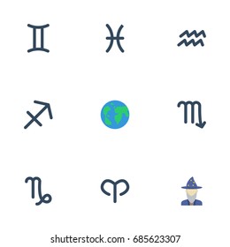 Flat Icons Ram, Water Bearer, Earth Planet And Other Vector Elements. Set Of Galaxy Flat Icons Symbols Also Includes Astrologer, Archer, Gemini Objects.