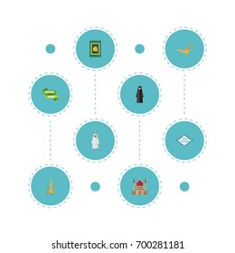 Flat Icons Ramadan Kareem, Arabic Calligraphy, Genie And Other Vector Elements. Set Of Ramadan Flat Icons Symbols Also Includes Oriental, Calligraphy, Prayer Objects.