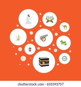 Flat Icons Ramadan Kareem, Praying Man, Holy Book And Other Vector Elements. Set Of Ramadan Flat Icons Symbols Also Includes Decorative, Koran, Book Objects.