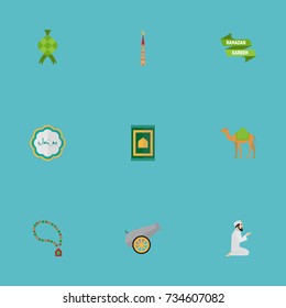 Flat Icons Ramadan Kareem, Praying Man, Dromedary And Other Vector Elements. Set Of Religion Flat Icons Symbols Also Includes Mosque, Ramadan, Rug Objects.