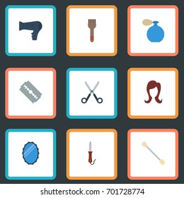 Flat Icons Razor, Shears, Looking-Glass And Other Vector Elements. Set Of Barber Flat Icons Symbols Also Includes Swab, Curling, Cotton Objects.