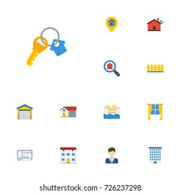 Flat Icons Real Estate, Swimming, Depot And Other Vector Elements. Set Of Immovable Flat Icons Symbols Also Includes Key, Hypothec, Hypothecation Objects.