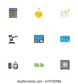 Flat Icons Remote Paying, Cash Stack, Payment And Other Vector Elements. Set Of Finance Flat Icons Symbols Also Includes Safe, Machine, Online Objects.