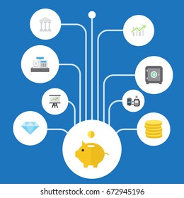 Flat Icons Remote Paying, Jewel Gem, Bar Diagram And Other Vector Elements. Set Of Banking Flat Icons Symbols Also Includes Bar, Diagram, Chart Objects.
