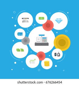 Flat Icons Remote Paying, Payment, Jewel Gem And Other Vector Elements. Set Of Finance Flat Icons Symbols Also Includes Online, Money, Salary Objects.