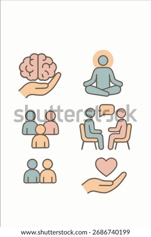 Flat icons representing self-care, therapy, and emotional balance. Designed for wellness and healthcare visuals.