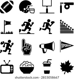 Flat icons representing various football game elements and stadium activities with transparent background