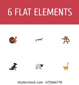 Flat Icons Reptile, Camelopard, Chimpanzee And Other Vector Elements. Set Of Alive Flat Icons Symbols Also Includes Monkey, Gecko, Camelopard Objects.