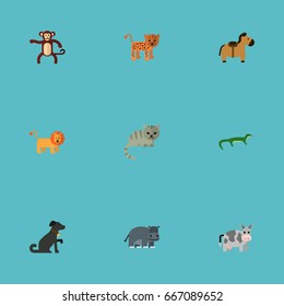 Flat Icons Reptile, Panther, Kine And Other Vector Elements. Set Of Animal Flat Icons Symbols Also Includes Cat, Panther, Wildcat Objects.