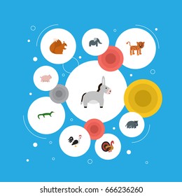 Flat Icons Reptile, Panther, Swine And Other Vector Elements. Set Of Zoology Flat Icons Symbols Also Includes Swine, Nut, Horse Objects.