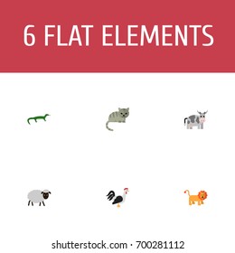 Flat Icons Reptile, Wildcat, Kine And Other Vector Elements. Set Of Zoo Flat Icons Symbols Also Includes Bird, Forest, Reptilian Objects.