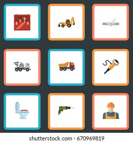 Flat Icons Restroom, Excavator, Pipeline Valve And Other Vector Elements. Set Of Industry Flat Icons Symbols Also Includes Equipment, Toilet, Repair Objects.