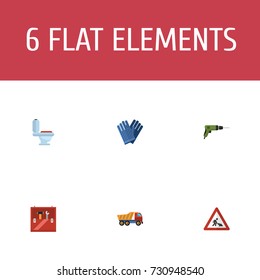 Flat Icons Restroom, Toolkit, Electric Screwdriver And Other Vector Elements. Set Of Industry Flat Icons Symbols Also Includes Workman, Truck, Dumper Objects.